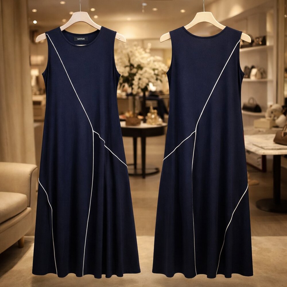 KAREN KANE Navy Midi Dress L | Sleeveless A-Line Stretch Knit - NWT - Picture 6 of 11